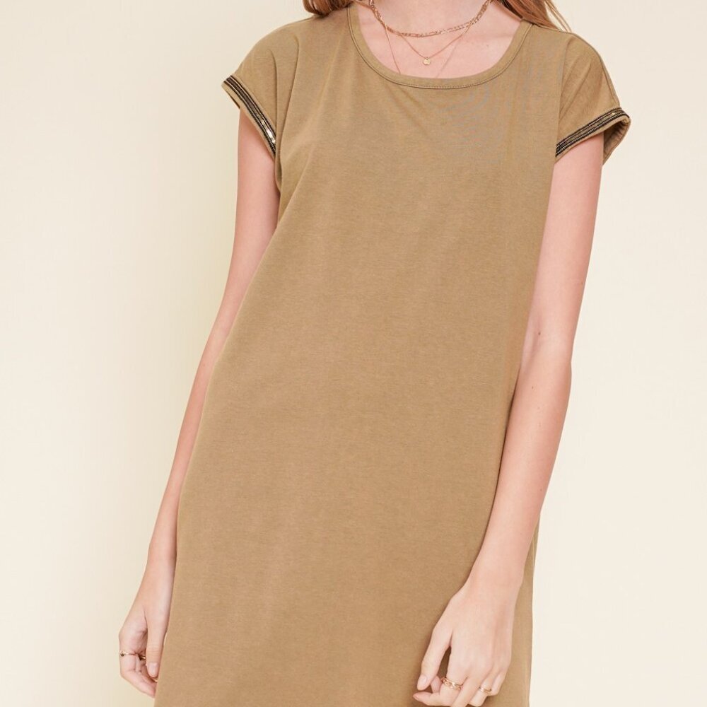 HEM & THREAD Camel T-Shirt Dress, Casual Relaxed Fit with Sequin Trim Sleeves